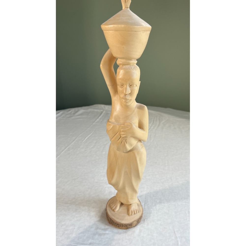 Hand Carved African Woman Carrying Pot & Child Statue Natural‎ Wood Sculpture